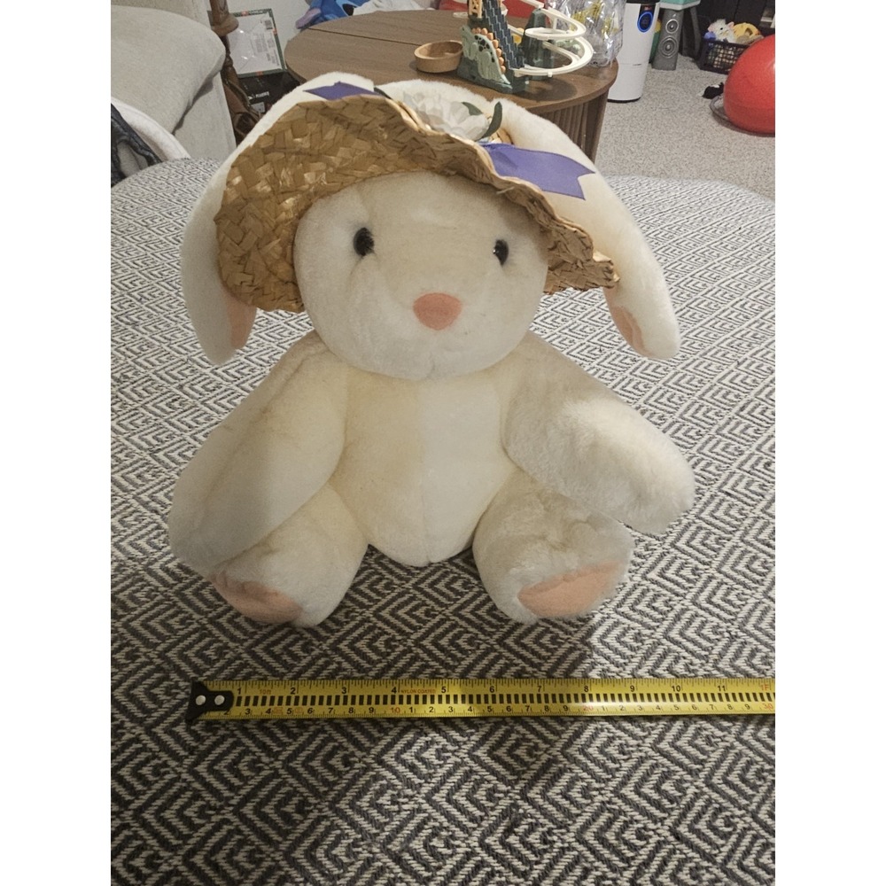 10" VINTAGE HALLMARK WHITE EASTER BUNNY RABBIT W/ HAT STUFFED ANIMAL PLUSH TOY
